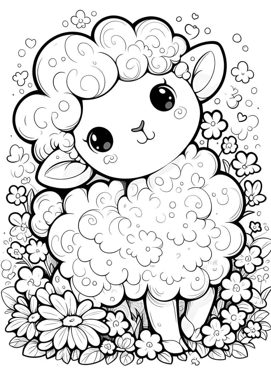 Cute kawaii lamb surrounded by flowers, perfect for coloring fun! Ideal for kids' creativity and joy.