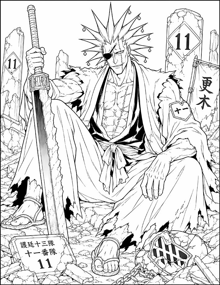 Kenpachi Zaraki Bleach Coloring Page Squad 11 Captain featuring his eyepatch, bell-tipped hair, upright Zanpakuto, ragged haori, Squad 11 ruins, and broken stone