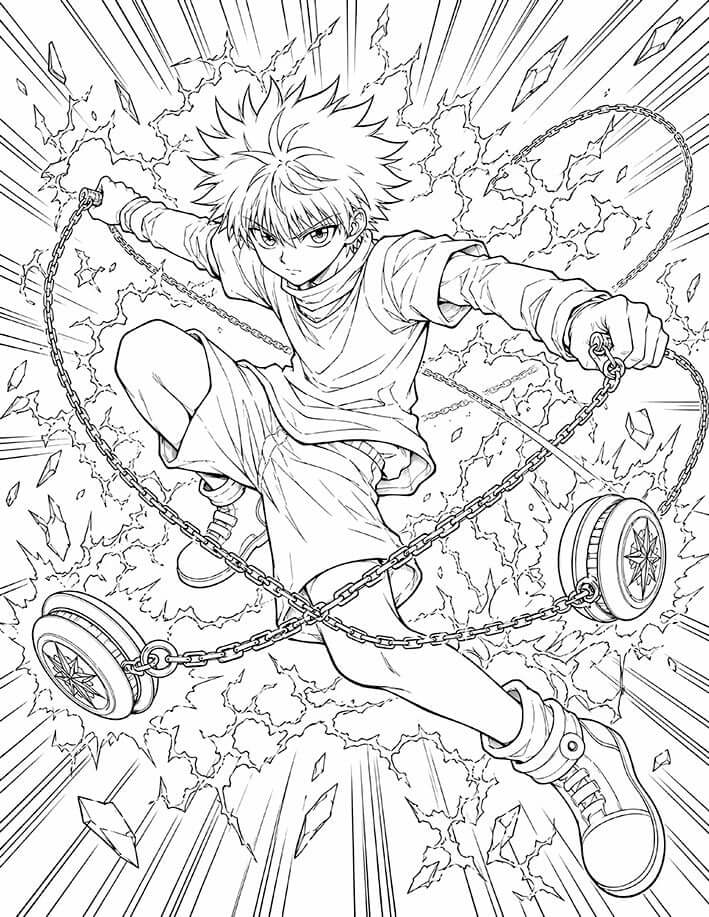 Killua Zoldyck Hunter x Hunter Coloring Page Godspeed featuring two chained yo-yos, an airborne attack pose, lightning, flying debris, and explosive speed lines