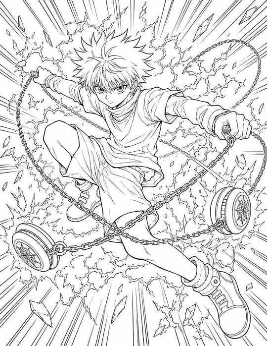 Killua Zoldyck Hunter x Hunter Coloring Page Godspeed featuring two chained yo-yos, an airborne attack pose, lightning, flying debris, and explosive speed lines