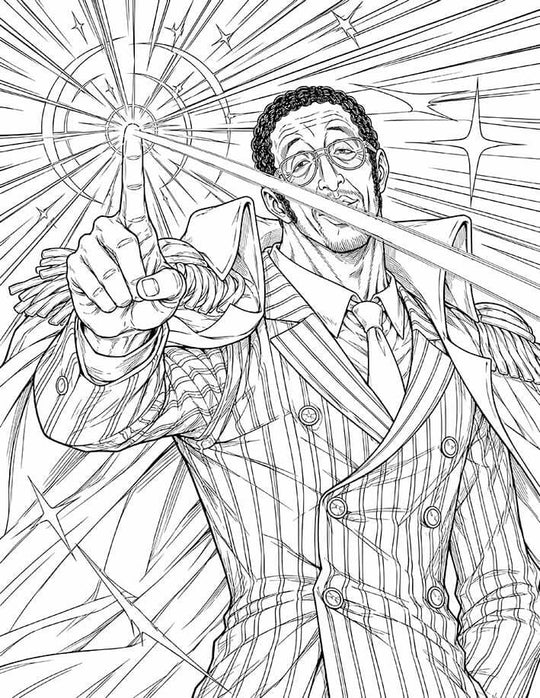 Kizaru One Piece Coloring Page Light Admiral printable PDF high resolution line art Marine Admiral Borsalino firing light beam from finger pinstripe suit glasses