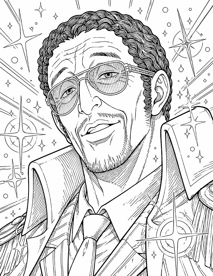 Kizaru One Piece Coloring Page Shining Smile printable PDF high resolution line art light Admiral relaxed upward smile tinted glasses popped collar dense starbursts