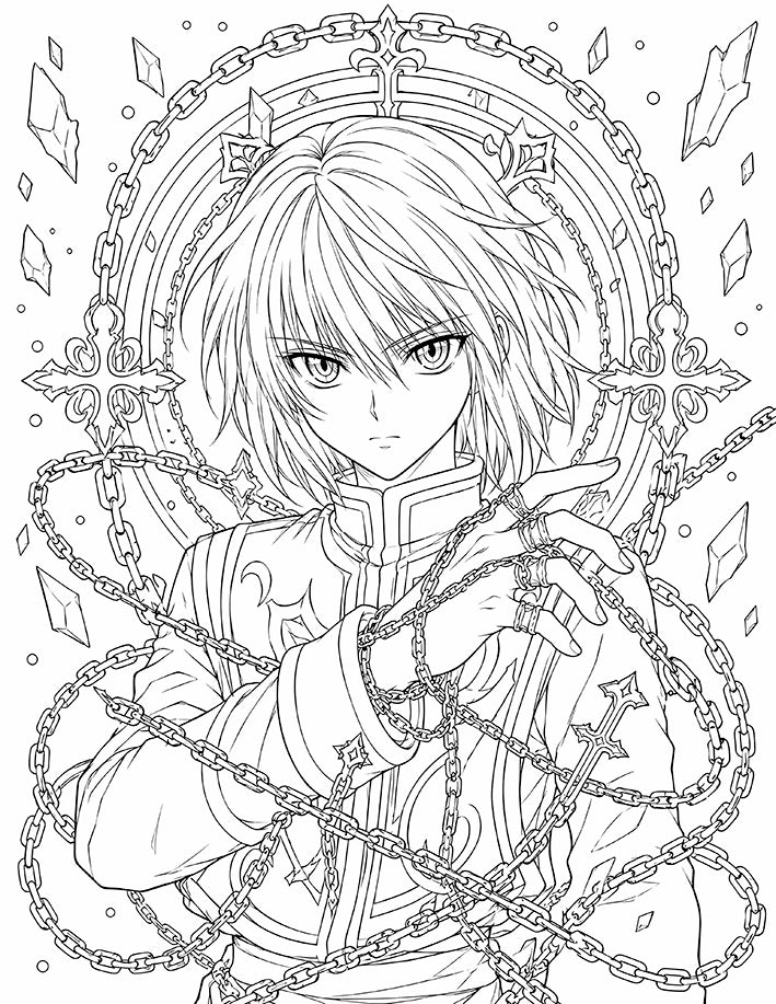 Kurapika Hunter x Hunter Coloring Page Judgment Chain printable PDF high resolution line art last Kurta close-up raised chain hand cross-and-chain halo crystal shards tabard