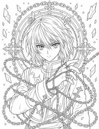 Kurapika Hunter x Hunter Coloring Page Judgment Chain printable PDF high resolution line art last Kurta close-up raised chain hand cross-and-chain halo crystal shards tabard
