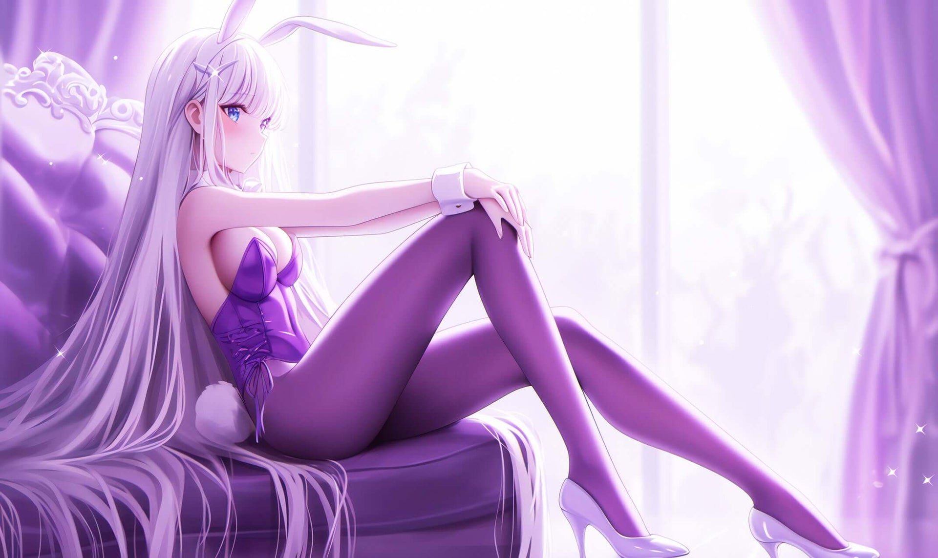 Elegant anime bunny girl in purple attire, lounging on a chair, beautiful digital art for wallpapers and prints.