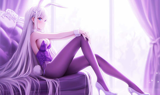 Elegant anime bunny girl in purple attire, lounging on a chair, beautiful digital art for wallpapers and prints.