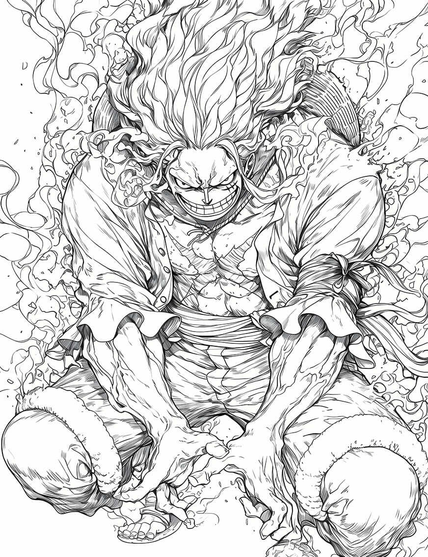 Black and white illustration of Monkey D. Luffy in Gear 5, ready for coloring and creative fun.