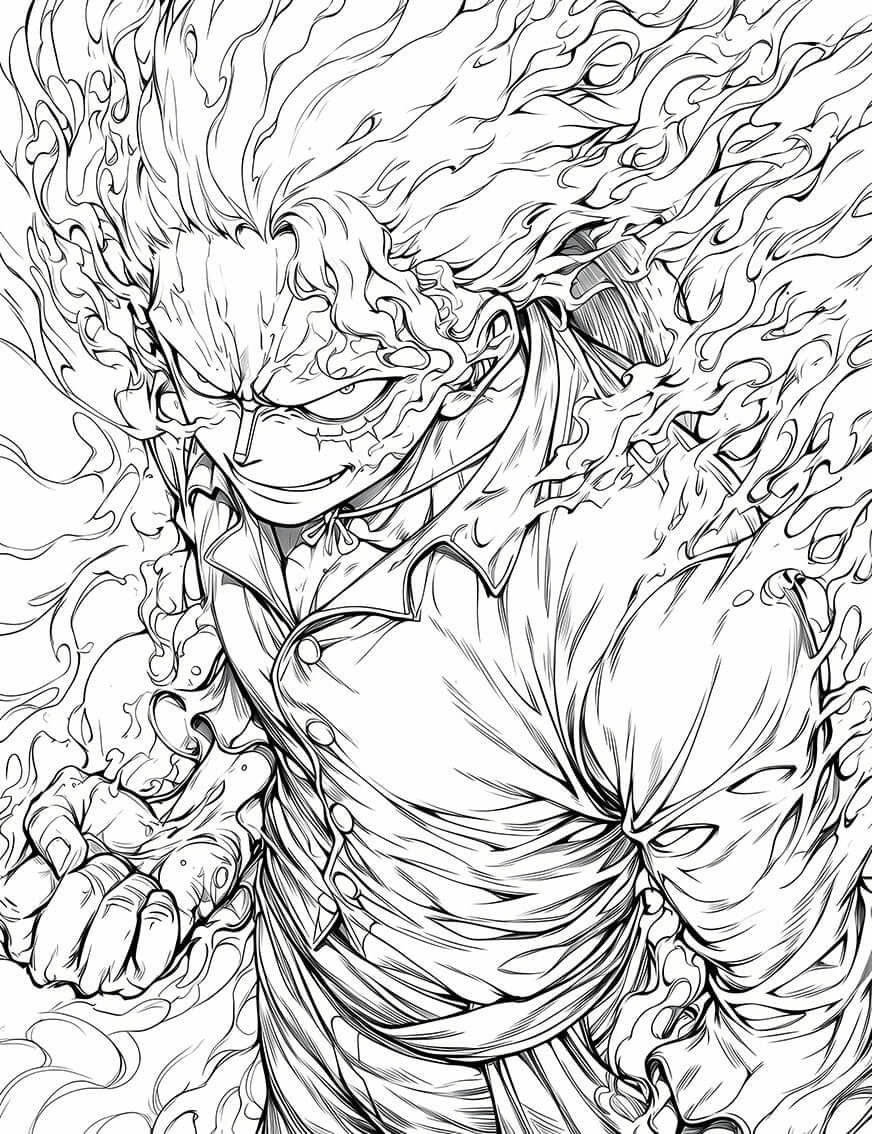 Gear 5 Monkey D. Luffy coloring page design with fiery hair and intense expression, perfect for anime lovers.