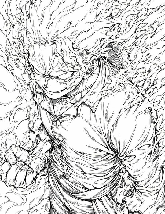 Gear 5 Monkey D. Luffy coloring page design with fiery hair and intense expression, perfect for anime lovers.
