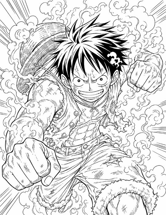 Luffy One Piece Coloring Page Battle Worn Fists printable PDF high resolution line art captain bruised torn clothes scratches sweat fists raised fierce grin straw hat smoke