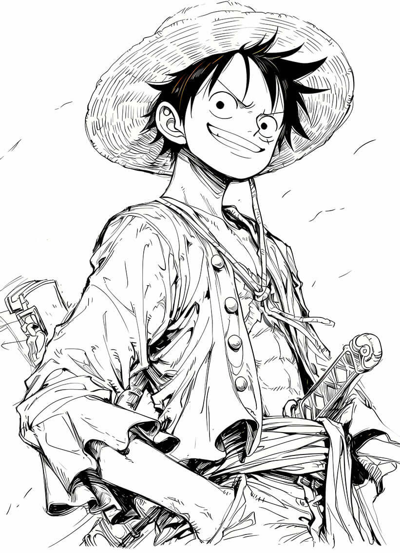 Luffy Wano Kuni coloring page featuring Monkey D. Luffy in samurai attire, perfect for One Piece fans.