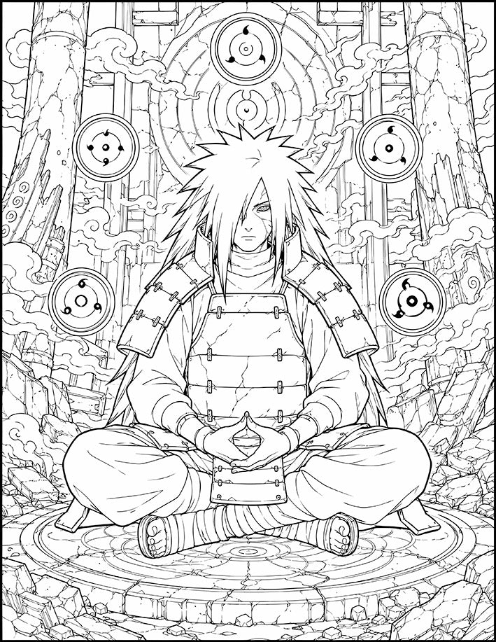 Madara Naruto Coloring Page Sharingan Meditation printable PDF high resolution line art Uchiha legend seated lotus ringed by floating Sharingan and Rinnegan eyes armor