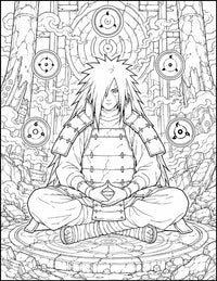 Madara Naruto Coloring Page Sharingan Meditation printable PDF high resolution line art Uchiha legend seated lotus ringed by floating Sharingan and Rinnegan eyes armor