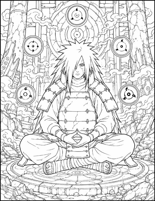 Madara Naruto Coloring Page Sharingan Meditation printable PDF high resolution line art Uchiha legend seated lotus ringed by floating Sharingan and Rinnegan eyes armor