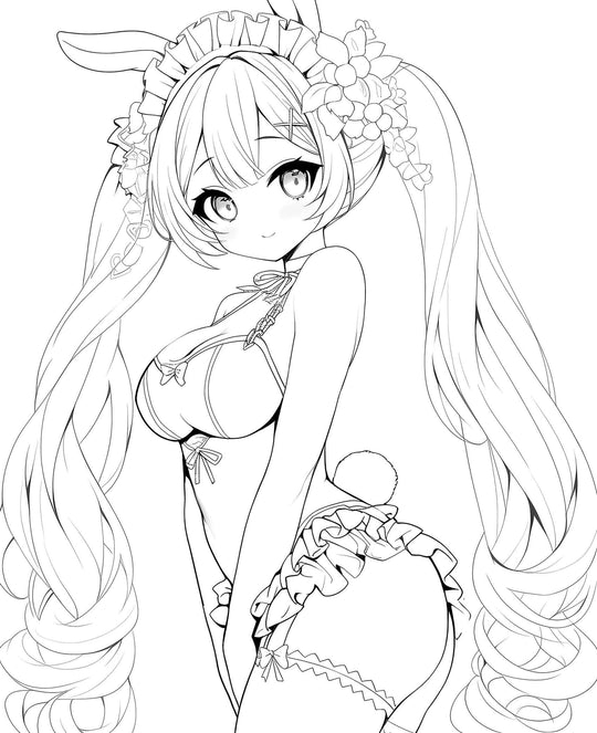 Beautiful line art of an anime elf waifu girl with long pigtails, elf ears, and a frilly outfit, looking over her shoulder – ready for coloring, digital download