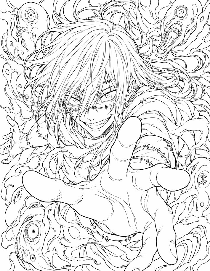 Mahito Jujutsu Kaisen Coloring Page Idle Transfiguration featuring a giant reaching hand, stitched markings, long hair, distorted souls, and transfigured human faces