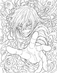 Mahito Jujutsu Kaisen Coloring Page Idle Transfiguration featuring a giant reaching hand, stitched markings, long hair, distorted souls, and transfigured human faces
