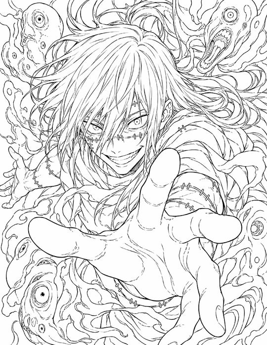 Mahito Jujutsu Kaisen Coloring Page Idle Transfiguration featuring a giant reaching hand, stitched markings, long hair, distorted souls, and transfigured human faces