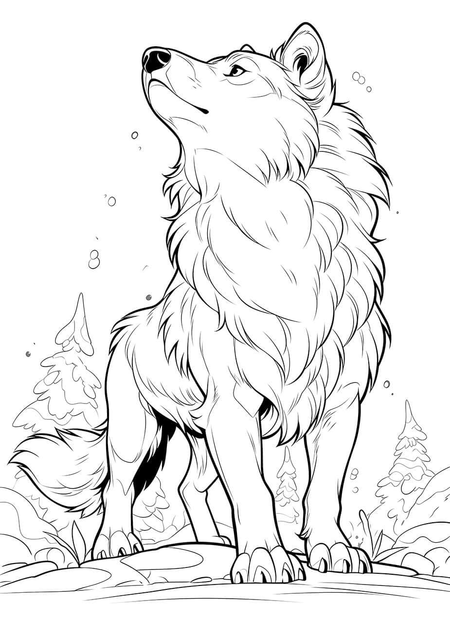 Majestic wolf coloring page in a snowy forest, perfect for kids' creativity and screen-free fun.