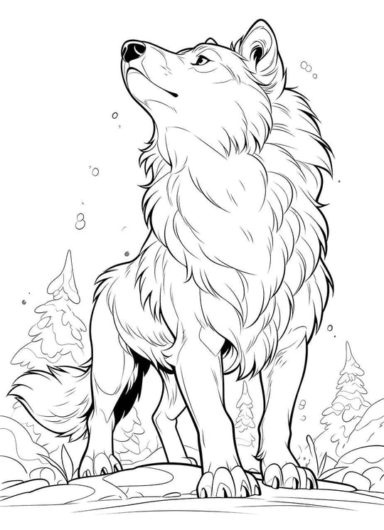 Majestic wolf coloring page in a snowy forest, perfect for kids' creativity and screen-free fun.
