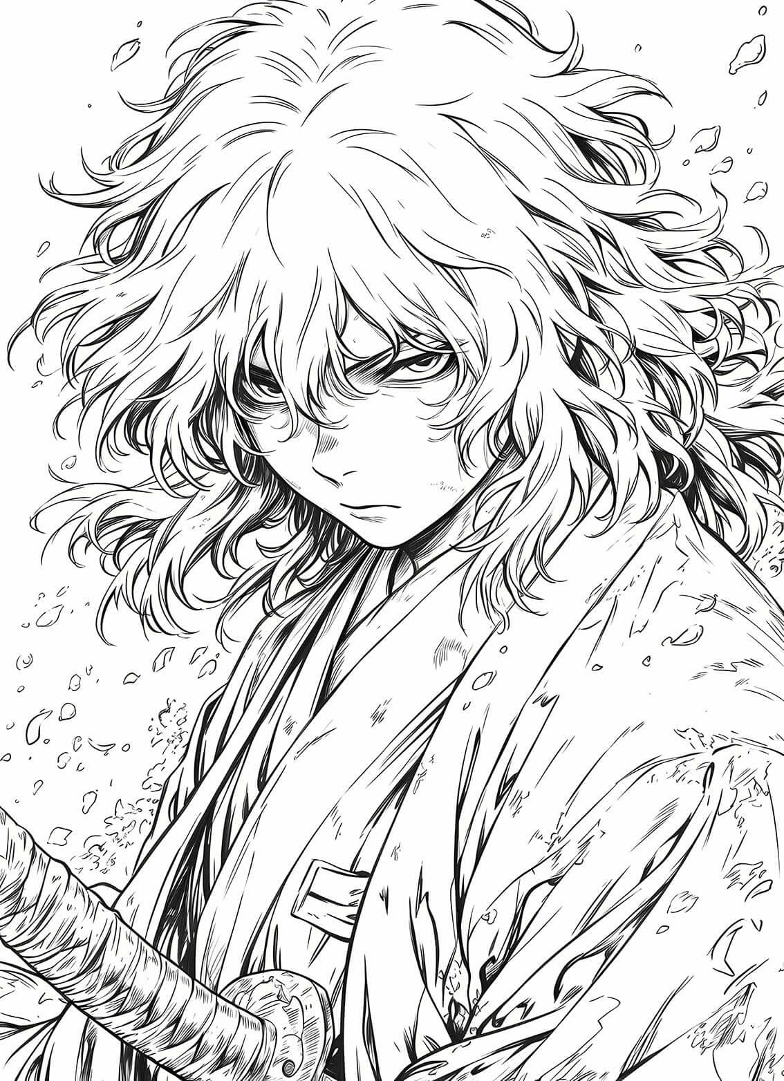 Monochromatic manga warrior coloring page showing a close-up of a weary but determined swordsman with long, wild, wavy hair and a hand resting on his katana, in a detailed seinen style.