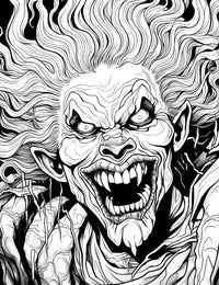 A detailed horror coloring page of a maniacal vampire with sharp fangs, a wide grin, and a wild mane of flowing hair, bursting with chaotic energy.