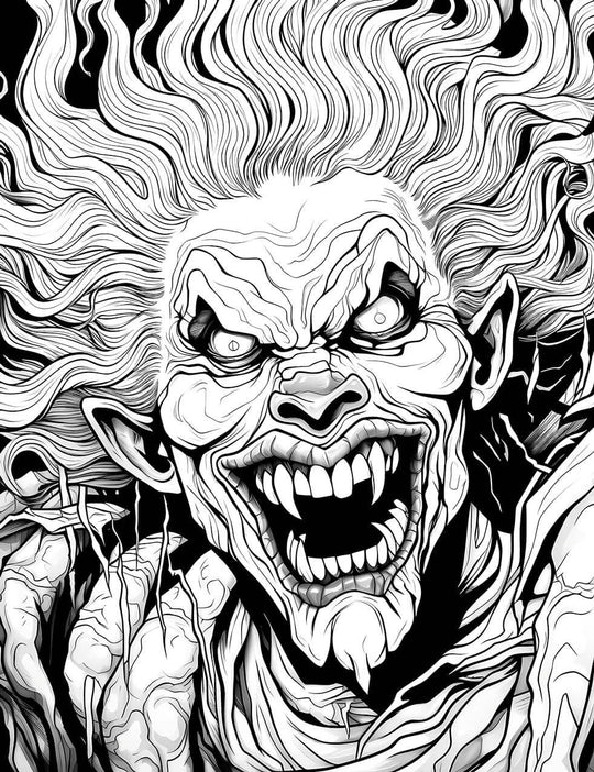 A detailed horror coloring page of a maniacal vampire with sharp fangs, a wide grin, and a wild mane of flowing hair, bursting with chaotic energy.