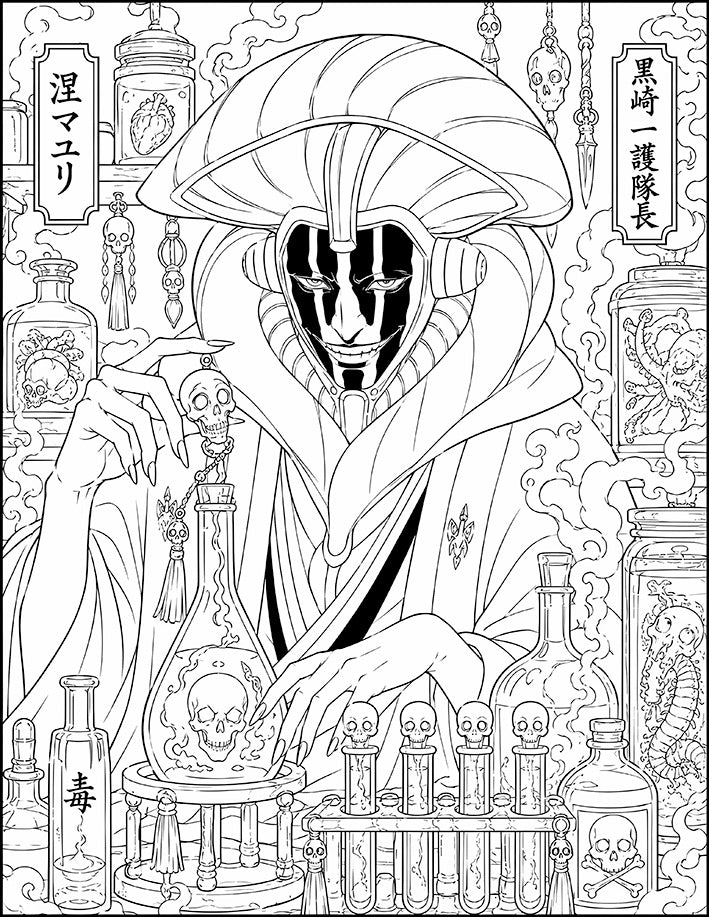 Mayuri Kurotsuchi Bleach Coloring Page Poison Lab featuring his fan-shaped headdress, painted face, skull vials, preserved specimens, toxic smoke, and test tubes