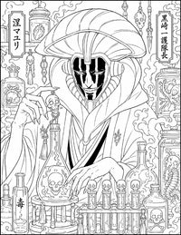 Mayuri Kurotsuchi Bleach Coloring Page Poison Lab featuring his fan-shaped headdress, painted face, skull vials, preserved specimens, toxic smoke, and test tubes