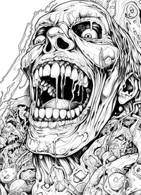 A hyper-detailed horror coloring page of a screaming, melting zombie's face, with a wide-open mouth dripping slime and saliva, surrounded by a chaotic, decaying background.