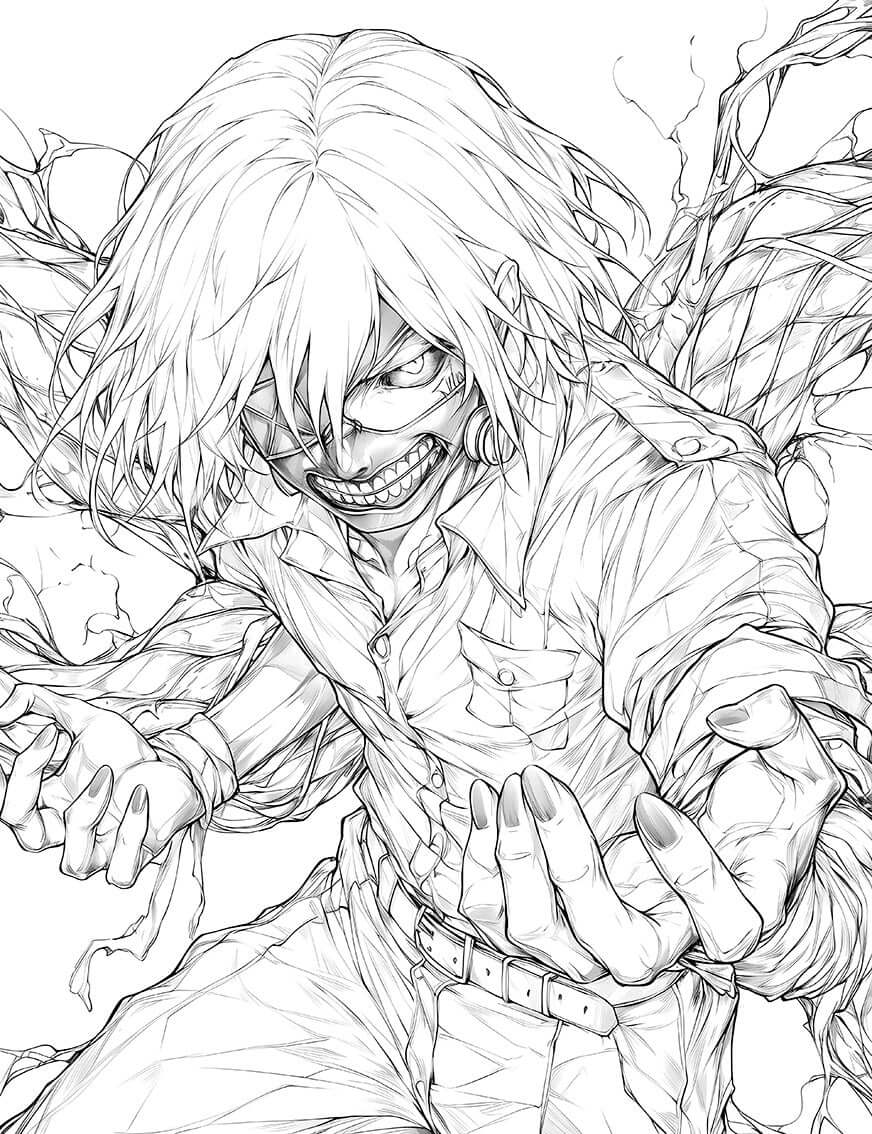 Menacing Kaneki Grin: Intense Tokyo Ghoul Coloring Page - Instant Download