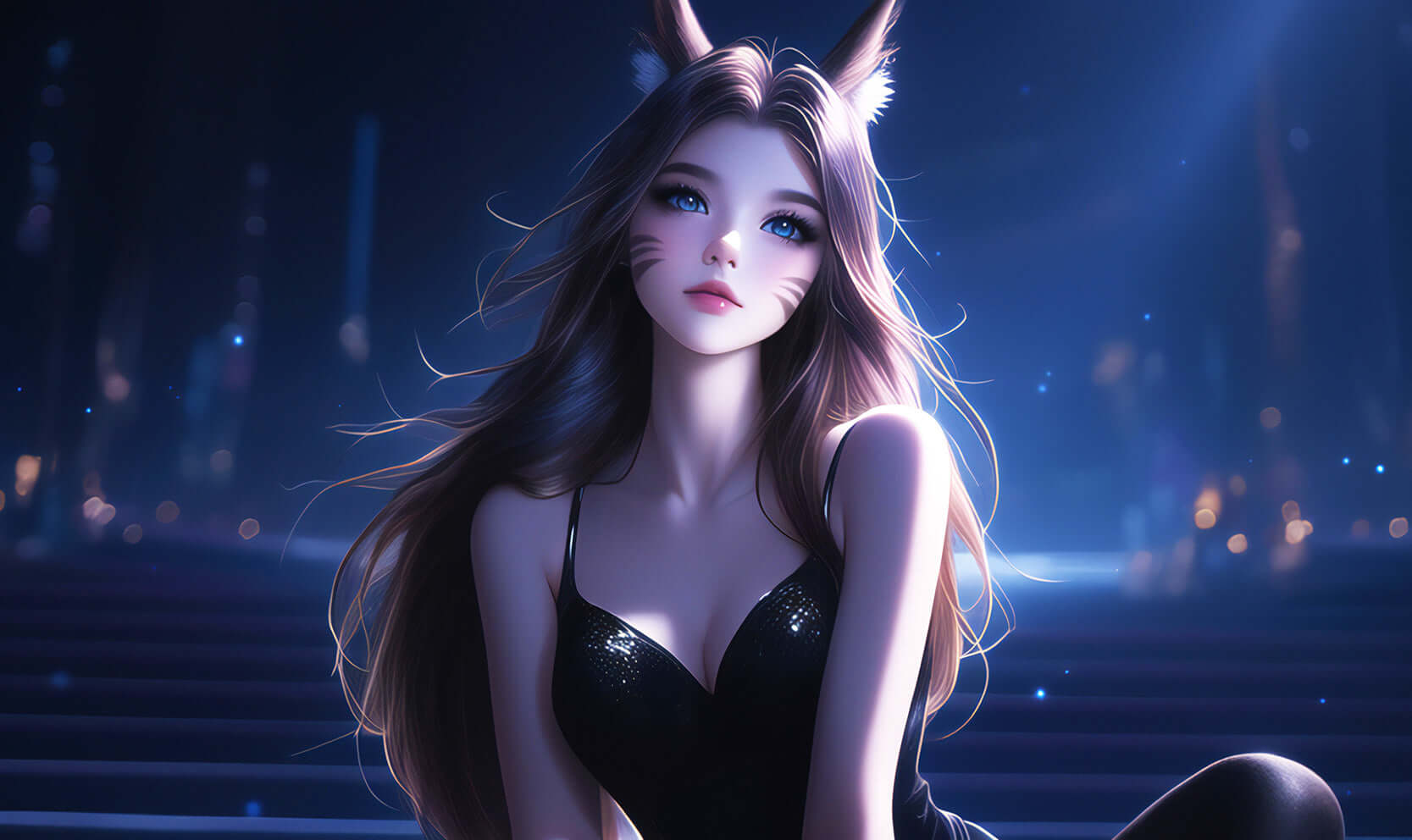 Anime Catgirl in dark setting, featuring long hair and cat ears, perfect for digital art lovers.