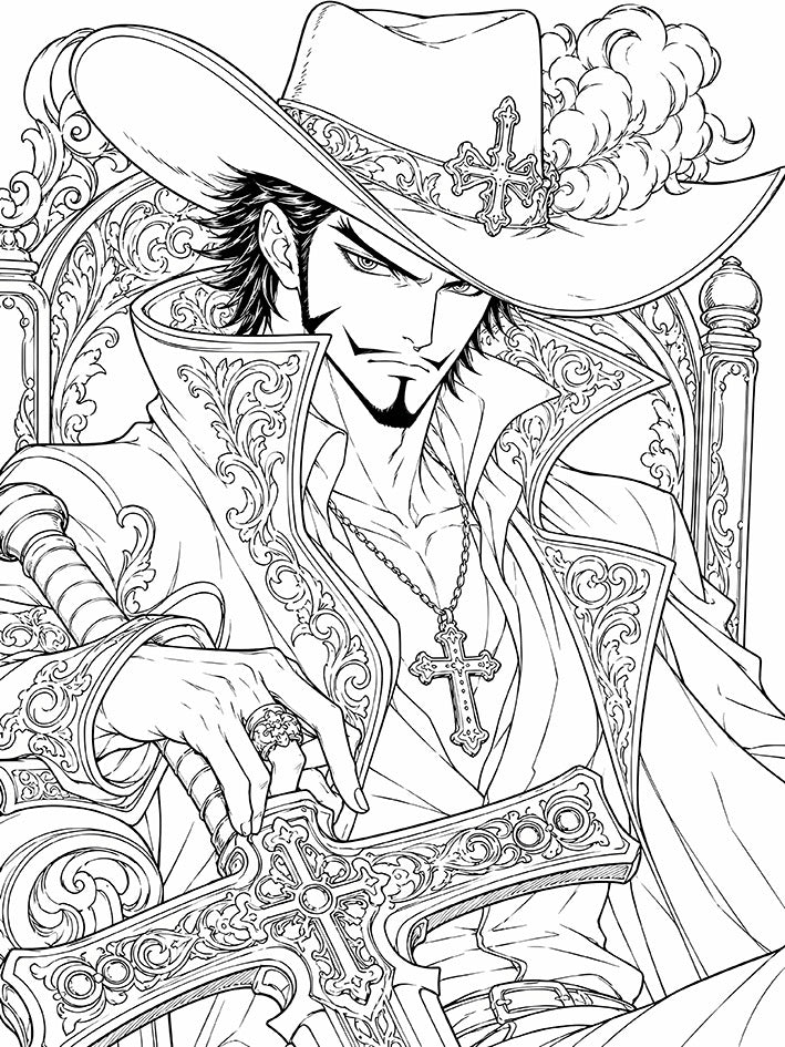 Mihawk One Piece Coloring Page Hawk-Eyes Throne printable PDF high resolution line art World's Strongest Swordsman seated ornate throne plumed cross hat Yoru greatsword cross pendant