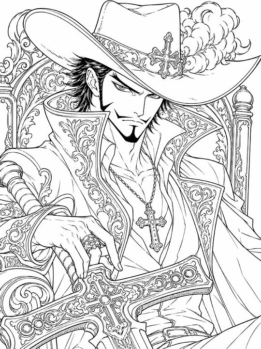 Mihawk One Piece Coloring Page Hawk-Eyes Throne printable PDF high resolution line art World's Strongest Swordsman seated ornate throne plumed cross hat Yoru greatsword cross pendant