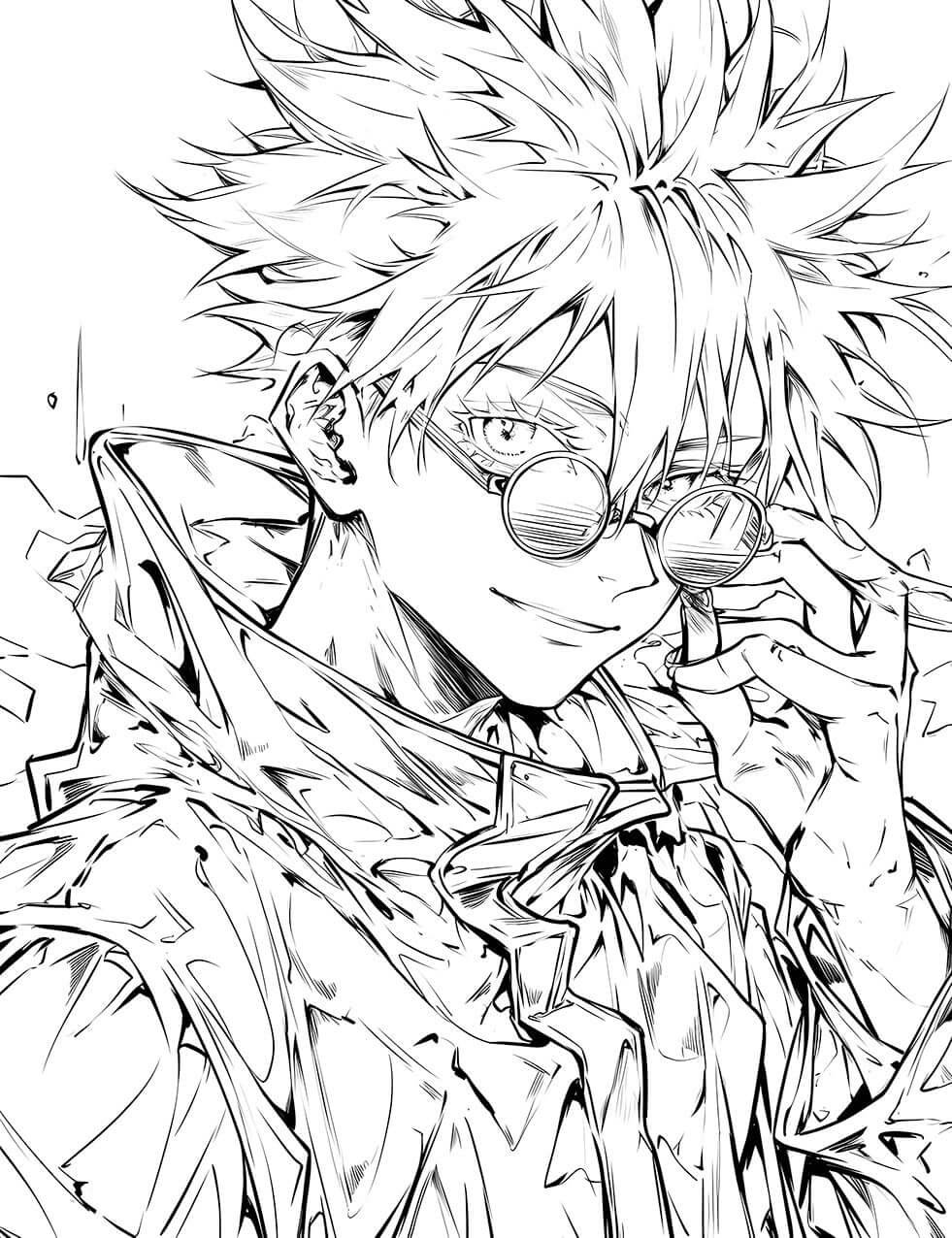 Black and white line art of Satoru Gojo from Jujutsu Kaisen, lowering his glasses and revealing a sharp, wide, mischievous gri
