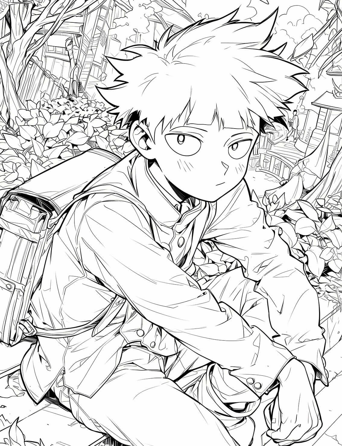 High-quality line art of a Mob Psycho 100 coloring page, featuring the main character Shigeo "Mob" Kageyama sitting down in his school uniform with a backpack in a detailed city street scene.