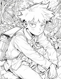 High-quality line art of a Mob Psycho 100 coloring page, featuring the main character Shigeo "Mob" Kageyama sitting down in his school uniform with a backpack in a detailed city street scene.