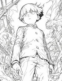 Imposing low-angle line art of a Mob Psycho 100 coloring page, showing Shigeo "Mob" Kageyama standing calmly in his school uniform amidst a chaotic city with swirling spirits and a monster.
