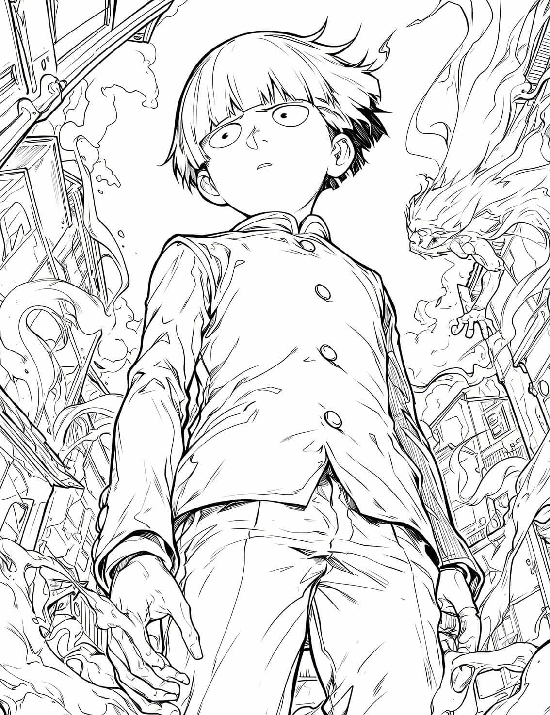 Imposing low-angle line art of a Mob Psycho 100 coloring page, showing Shigeo "Mob" Kageyama standing calmly in his school uniform amidst a chaotic city with swirling spirits and a monster.