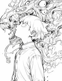 High-quality line art of a Mob Psycho 100 coloring page showing a calm Shigeo Kageyama in profile as a grotesque, multi-eyed monster spirit with sharp teeth manifests beside him.