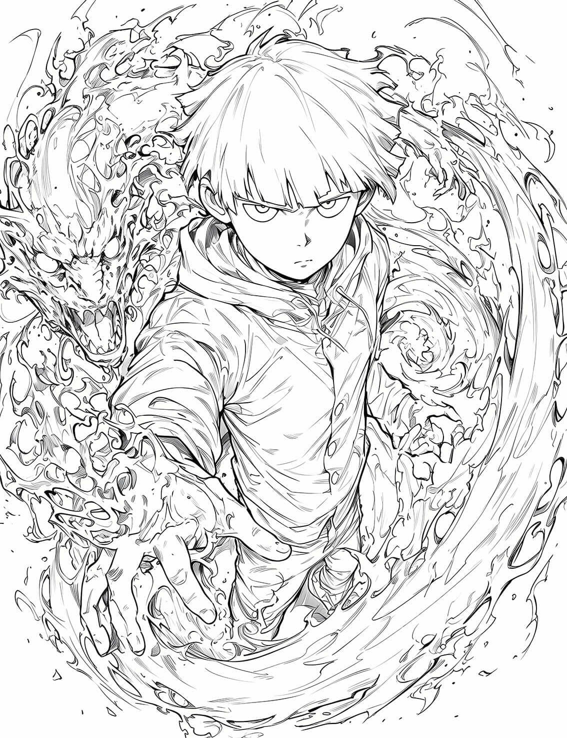 Dynamic line art of a Mob Psycho 100 coloring page, showing Shigeo "Mob" Kageyama controlling a swirling vortex of psychic energy that forms a monstrous, dragon-like spirit around him.