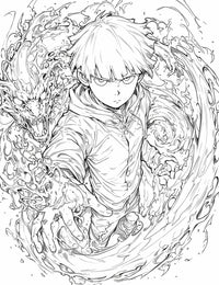 Dynamic line art of a Mob Psycho 100 coloring page, showing Shigeo "Mob" Kageyama controlling a swirling vortex of psychic energy that forms a monstrous, dragon-like spirit around him.