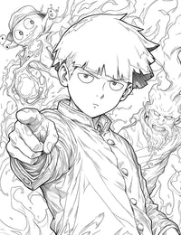 Action-posed line art of a Mob Psycho 100 coloring page, featuring Shigeo "Mob" Kageyama pointing forward and using his psychic powers to exorcise spirits, including one like Dimple.