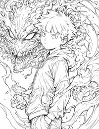 High-quality line art of a Mob Psycho 100 coloring page showing Shigeo "Mob" Kageyama in a hoodie with his hands in his pockets, while a large, monstrous psychic spirit with sharp teeth manifests behind him.