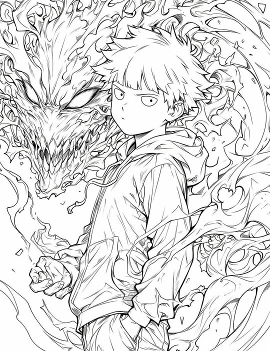 High-quality line art of a Mob Psycho 100 coloring page showing Shigeo "Mob" Kageyama in a hoodie with his hands in his pockets, while a large, monstrous psychic spirit with sharp teeth manifests behind him.
