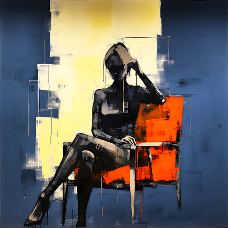 Abstract art of a faceless woman sitting in a bold orange chair, blending modern design with sophistication.