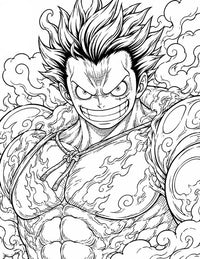 Monkey D. Luffy One Piece Coloring Page Boundman featuring an enlarged Haki-coated fist, inflated muscular body, wild hair, fierce grin, and swirling Gear Fourth steam