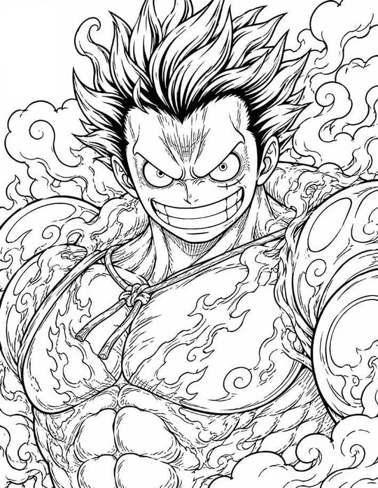 Monkey D. Luffy One Piece Coloring Page Boundman featuring an enlarged Haki-coated fist, inflated muscular body, wild hair, fierce grin, and swirling Gear Fourth steam