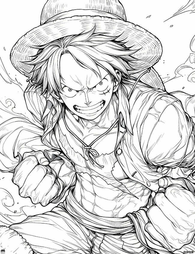 Monkey D Luffy Free Coloring Page One Piece action pose straw hat dynamic punch illustration