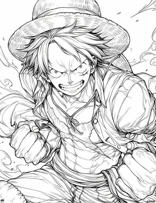 Monkey D Luffy Free Coloring Page One Piece action pose straw hat dynamic punch illustration